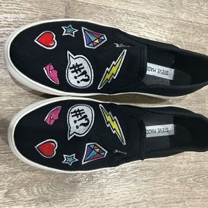Steve Madden Women’s Black slip on shoes size 8.5 with stitched stickers on top